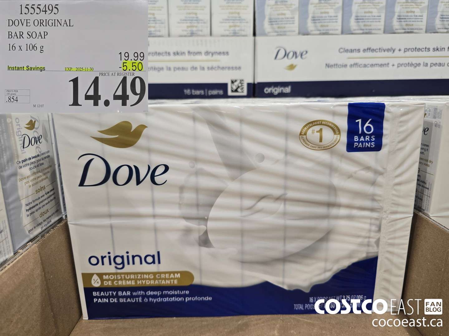 1555495 DOVE BAR SOAP ORIGINAL 16 x 106 g ($5.50 INSTANT SAVINGS EXPIRES ON 2025-11-30) $14.49