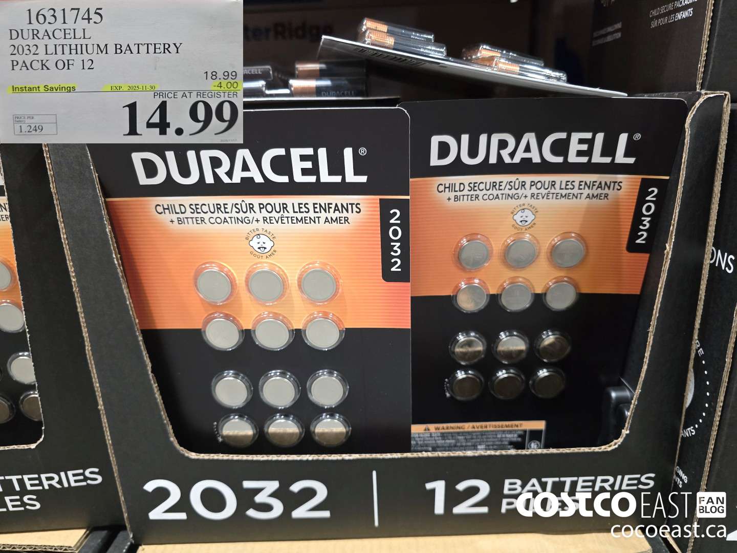 1631745 DURACELL 2032 LITHIUM BATTERY PACK OF 12 ($4.00 INSTANT SAVINGS EXPIRES ON 2025-11-30) $14.99