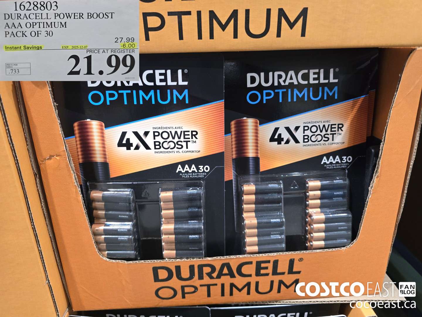 1628803 DURACELL POWER BOOST AAA OPTIMUM PACK OF 30 ($6.00 INSTANT SAVINGS EXPIRES ON 2025-12-07) $21.99