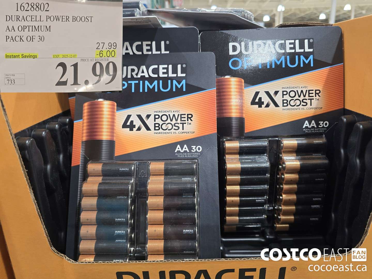 1628802 DURACELL POWER BOOST AA OPTIMUM PACK OF 30 ($6.00 INSTANT SAVINGS EXPIRES ON 2025-12-07) $21.99