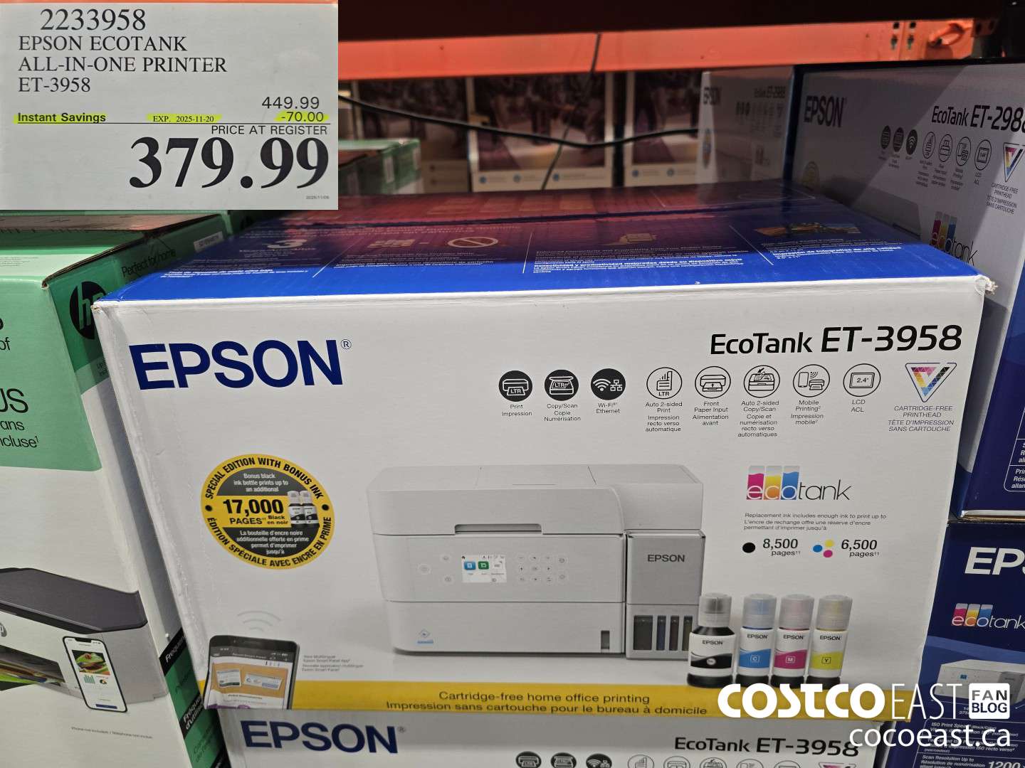 2233958 EPSON ECOTANK ALL-IN-ONE PRINTER ET-3958 ($70.00 INSTANT SAVINGS EXPIRES ON 2025-11-20) $379.99