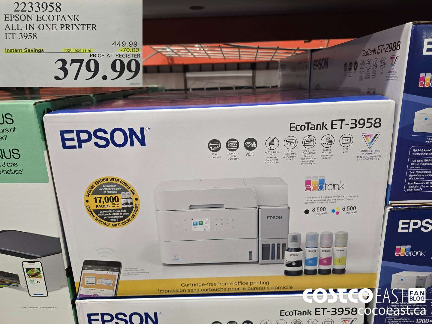 2253958 EPSON ECOTANK ALL-IN-ONE PRINTER ET-3958 ($70.00 INSTANT SAVINGS EXPIRES ON 2025-11-20) $379.99