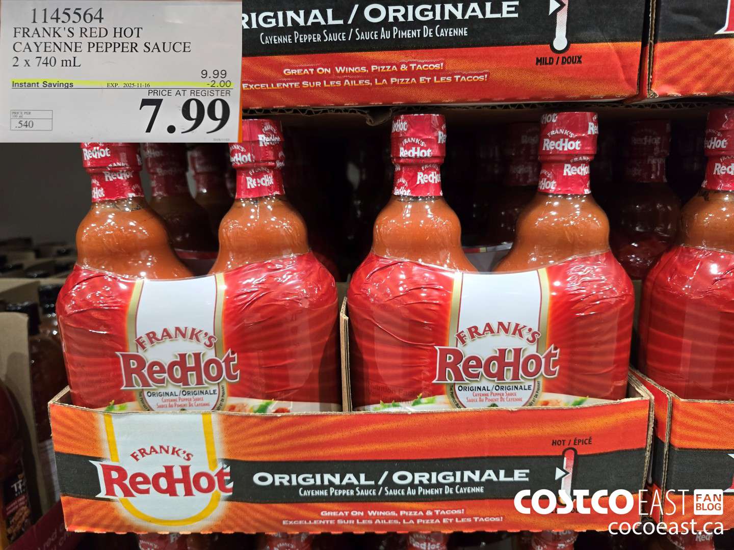 1145564 FRANKS RED HOT CAYENNE PEPPER SAUCE 2 X 740 ML ($2.00 INSTANT SAVINGS EXPIRES ON 2025-11-16) $7.99