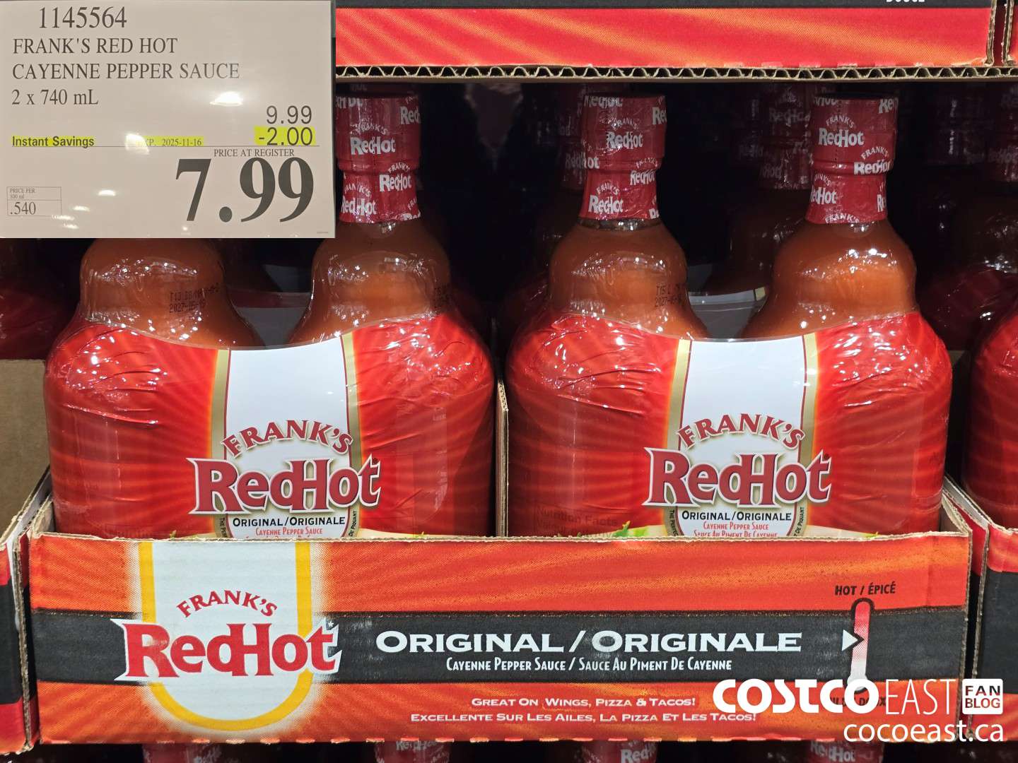 1145564 FRANKS RED HOT CAYENNE PEPPER SAUCE 2 X 740 ML ($2.00 INSTANT SAVINGS EXPIRES ON 2025-11-16) $7.99