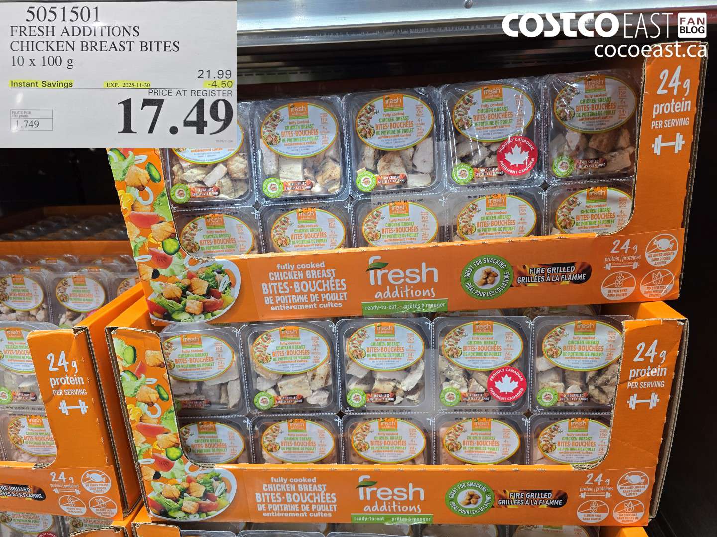 5051501 FRESH ADDITIONS CHICKEN BREAST BITES 10 X 100 G ($4.50 INSTANT SAVINGS EXPIRES ON 2025-11-30) $17.49