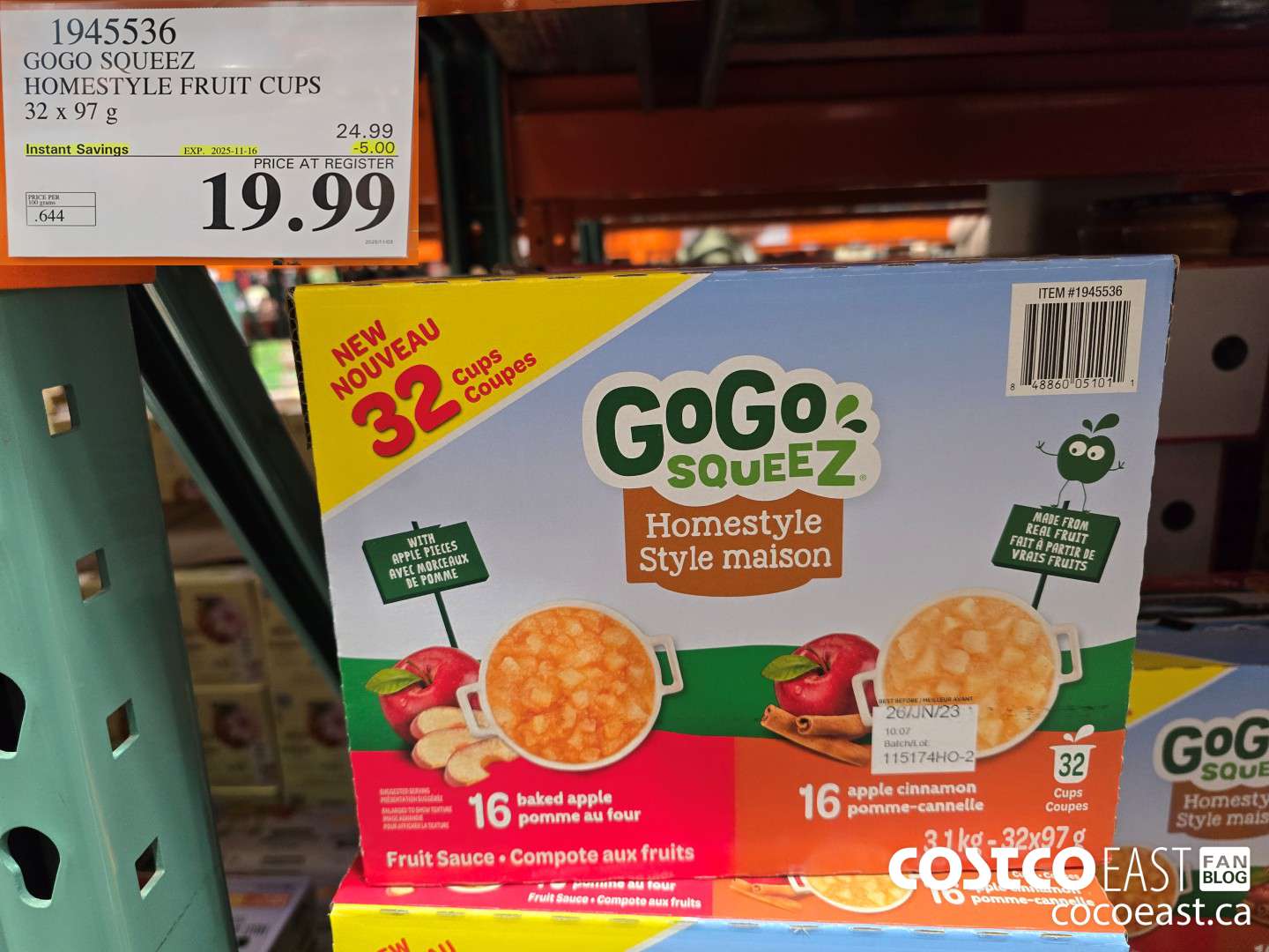 1945536 GOGO SQUEEZ HOMESTYLE FRUIT CUPS 32 X 97 G ($5.00 INSTANT SAVINGS EXPIRES ON 2025-11-16) $19.99
