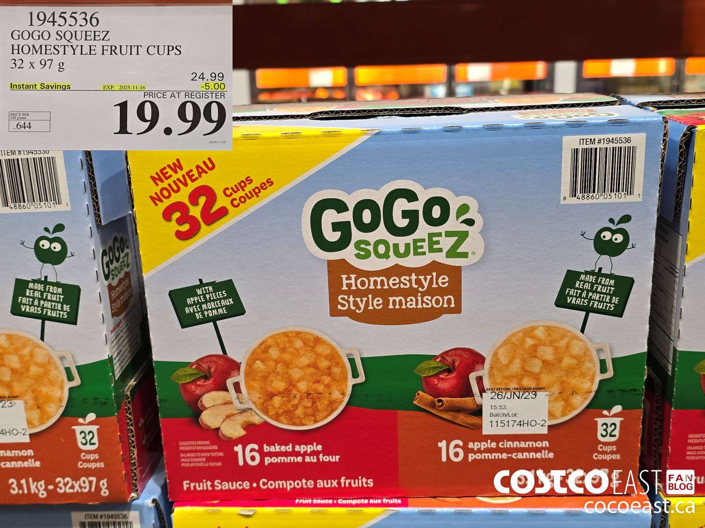 1945536 GOGO SQUEEZ HOMESTYLE FRUIT CUPS 32 X 97 G ($5.00 INSTANT SAVINGS EXPIRES ON 2025-11-16) $19.99