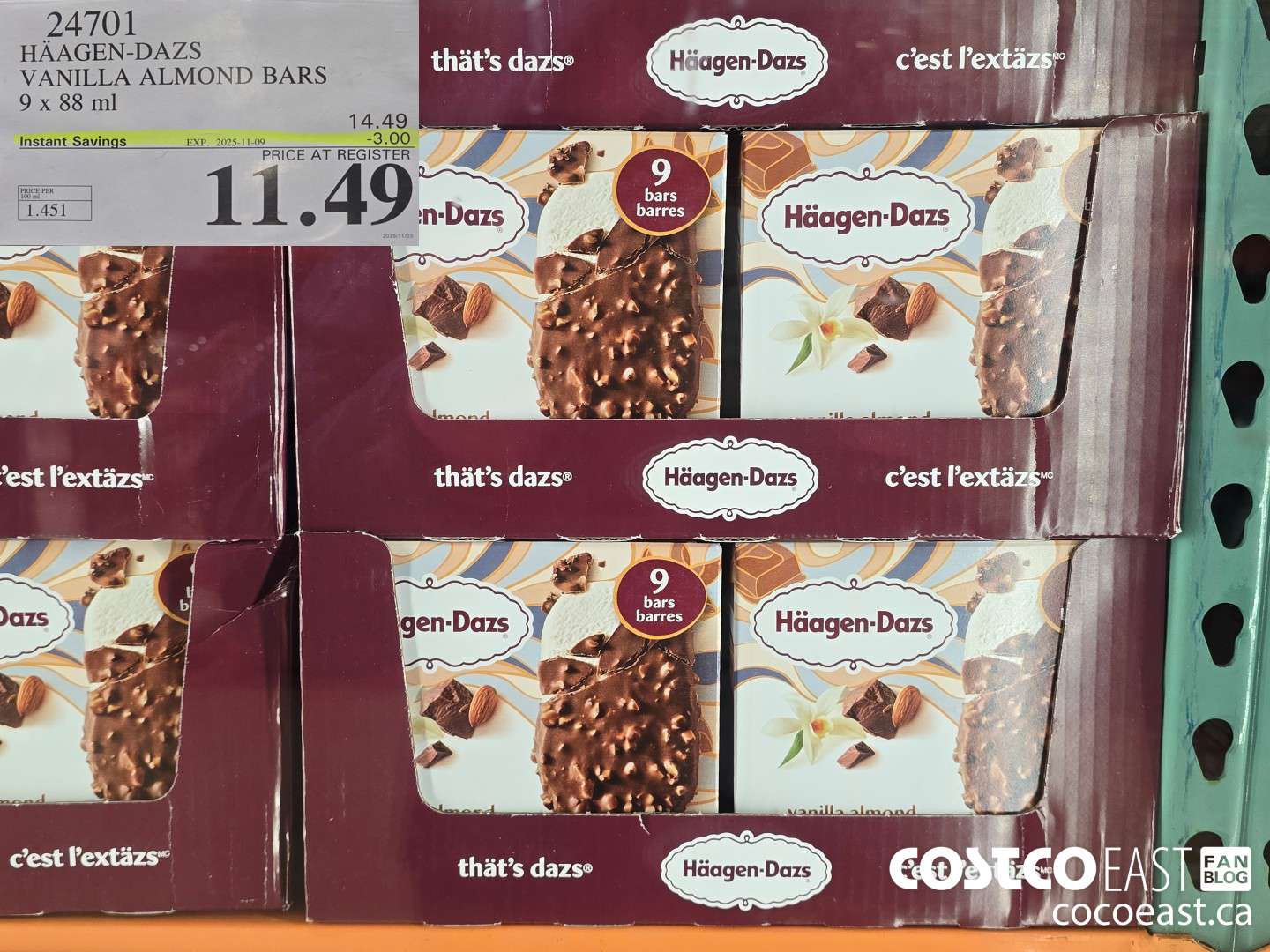 24701 HAAGAN-DAZS VANILLA ALMOND BARS 9 X 88 ML ($3.00 INSTANT SAVINGS EXPIRES ON 2025-11-09) $11.49