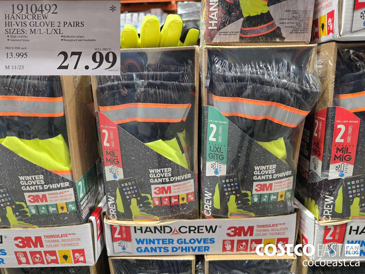 1910492 HANDCREW HI-VIS GLOVE 2 PAIRS SIZES: M/L-L/XL $27.99