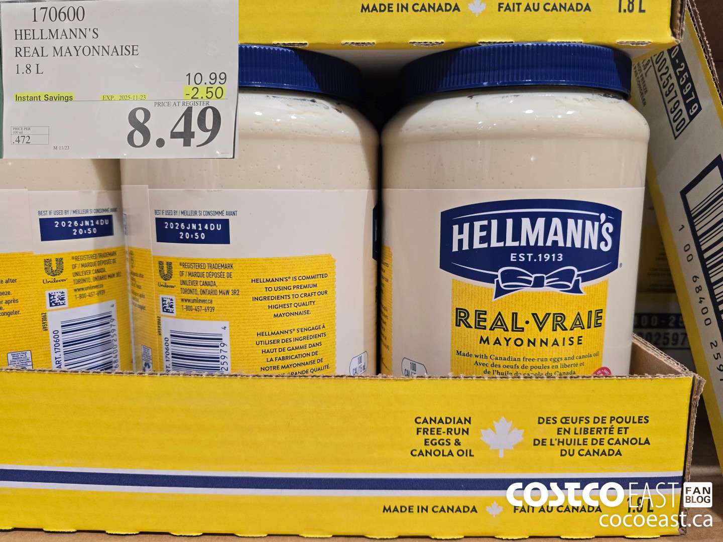 170600 HELLMANN'S REAL MAYONNAISE 1.8 L ($2.50 INSTANT SAVINGS EXPIRES ON 2025-11-23) $8.49