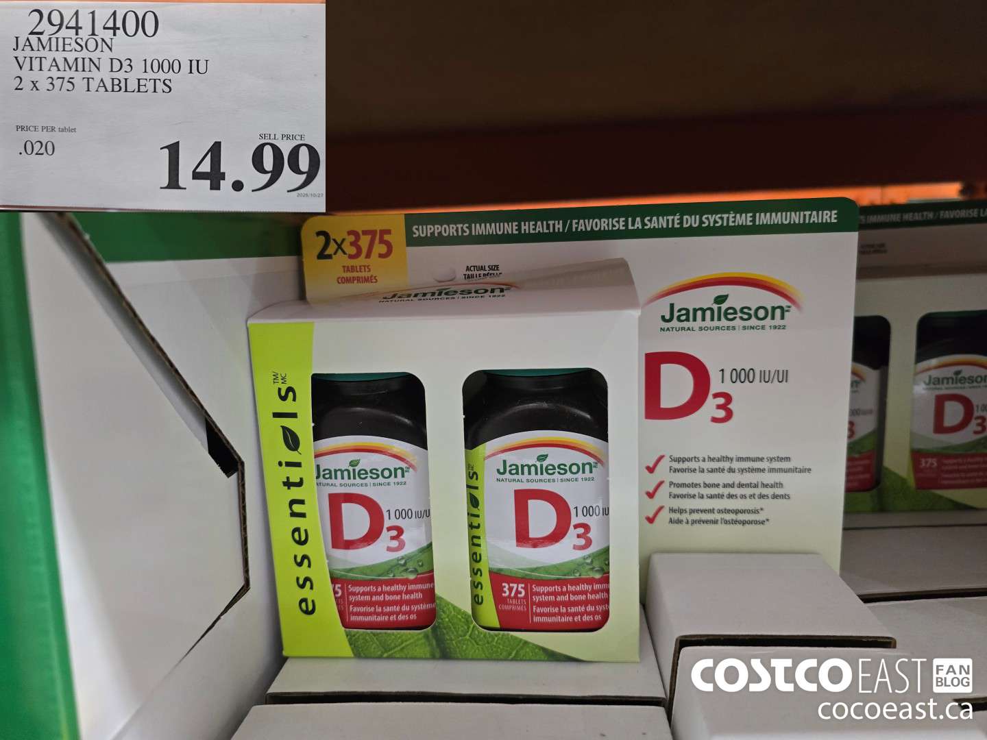 2941400 JAMIESON VITAMIN D3 1000 IU 2 X 375 TABLETS $14.99