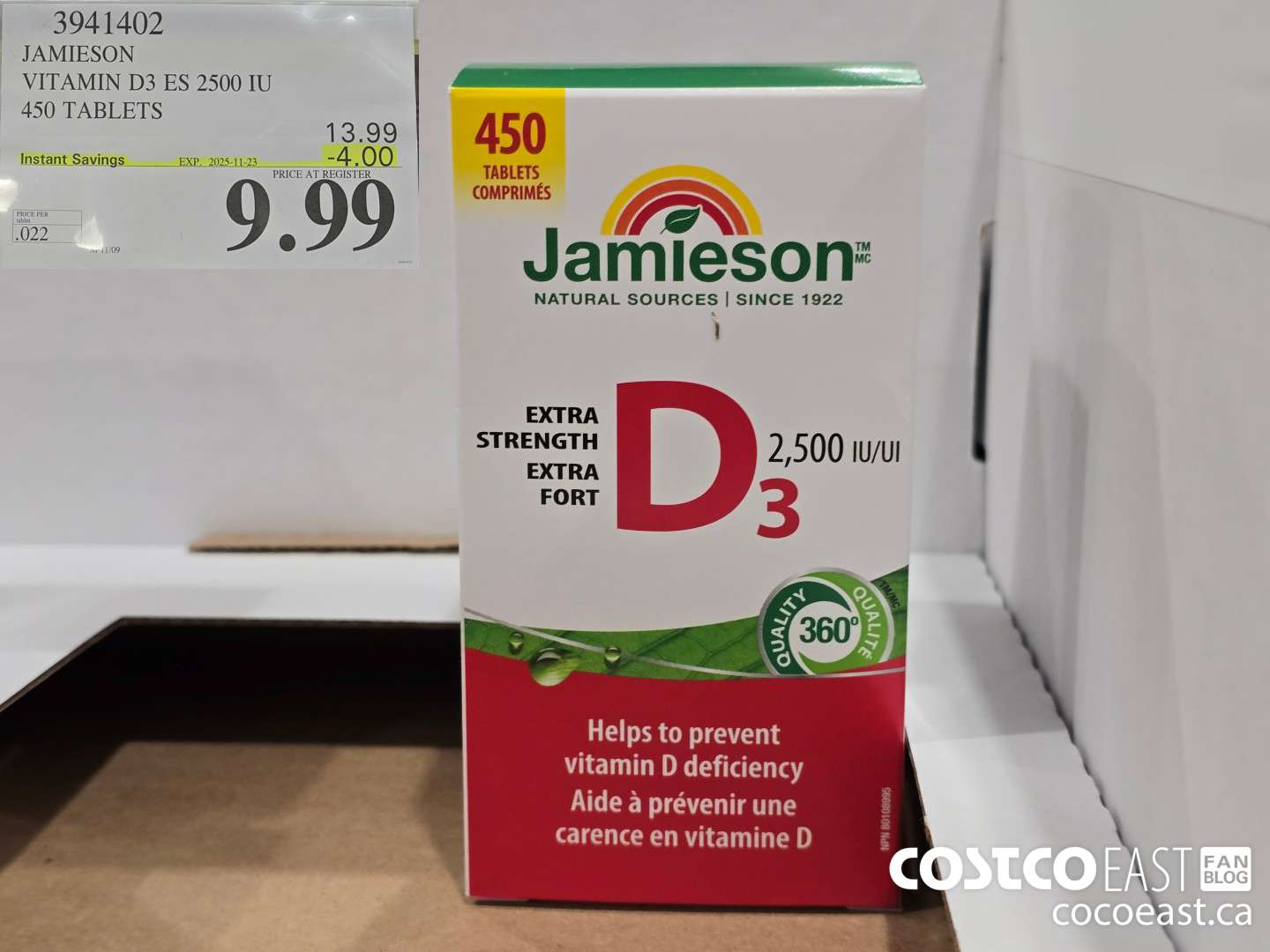 3941402 JAMIESON VITAMIN D3 2500 IU 450 TABLETS ($4.00 INSTANT SAVINGS EXPIRES ON 2025-11-23) $9.99