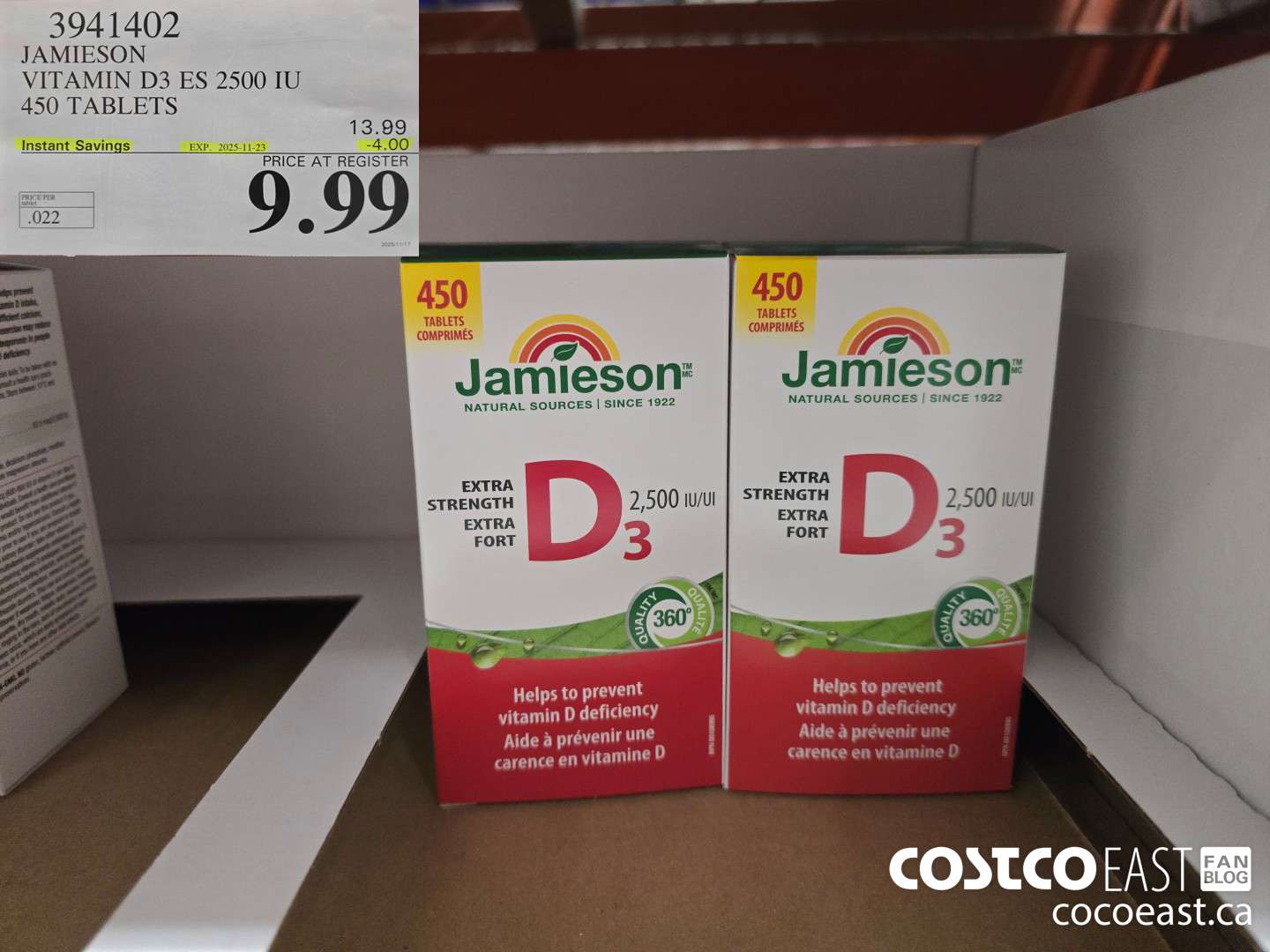 3941402 JAMIESON VITAMIN D3 2500 IU 450 TABLETS ($4.00 INSTANT SAVINGS EXPIRES ON 2025-11-23) $9.99