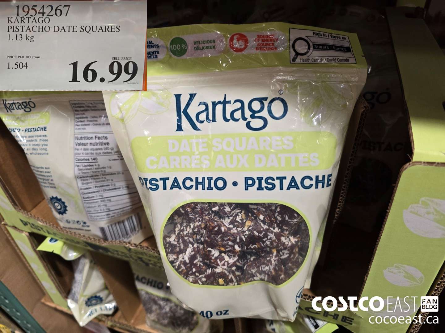 1954267 KARTAGO PISTACHO DATE SQUARES 1.13 KG $16.99