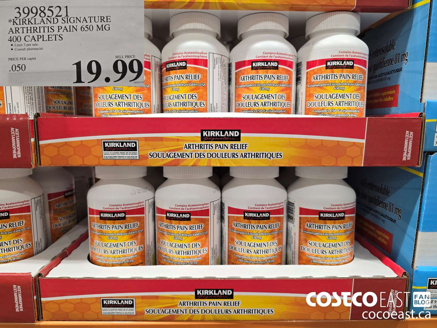 3998521 KIRKLAND SIGNATURE ARTHRITIS PAIN 650MG 400 CAPLETS $19.99