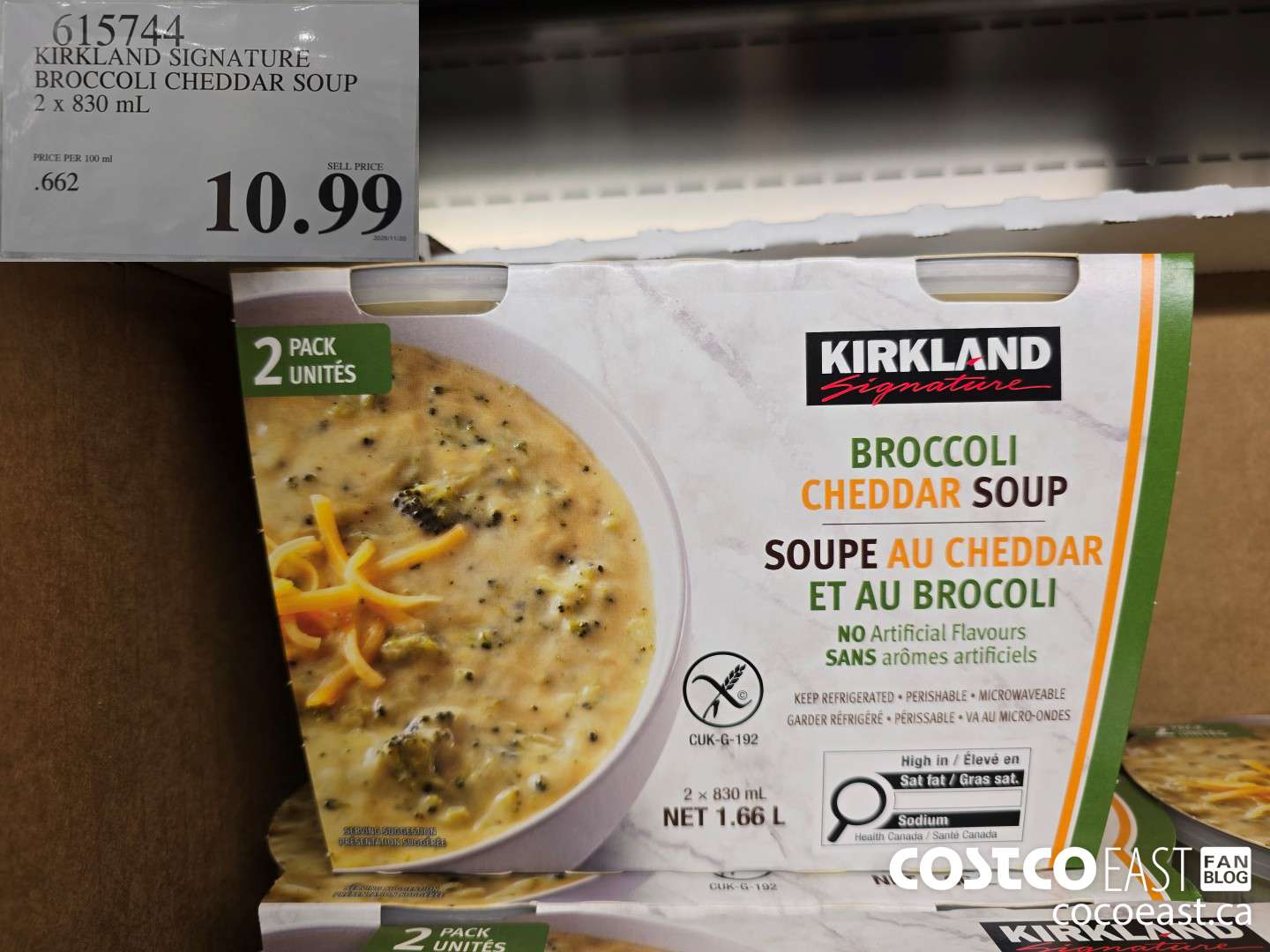 615744 KIRKLAND SIGNATURE BROCCOLI CHEDDAR SOUP 2 x 830 mL $10.99