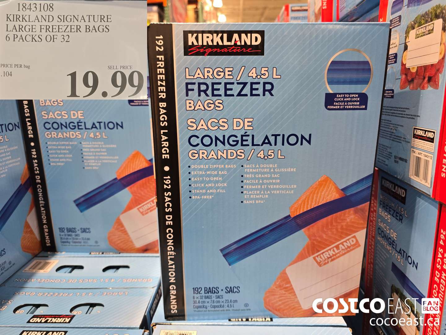 1843108 KIRKLAND SIGNATURE LARGE FREEZER BAGS 6 PACKS OF 32 $19.99