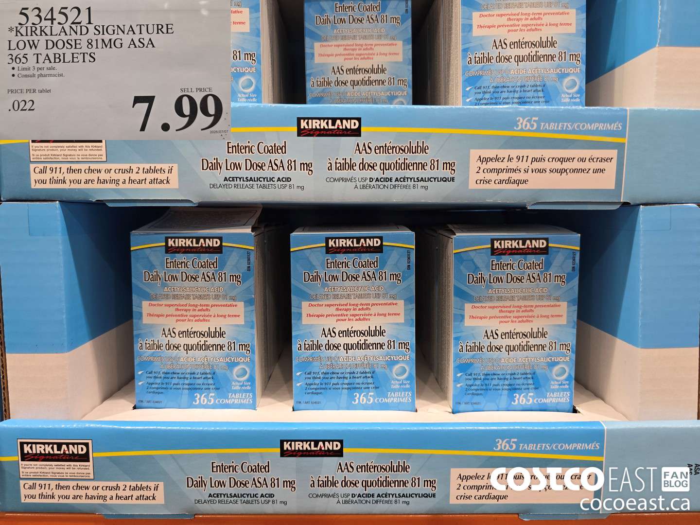534521 KIRKLAND SIGNATURE LOW DOSE 81MG ASA 365 COATED TABLETS $7.99