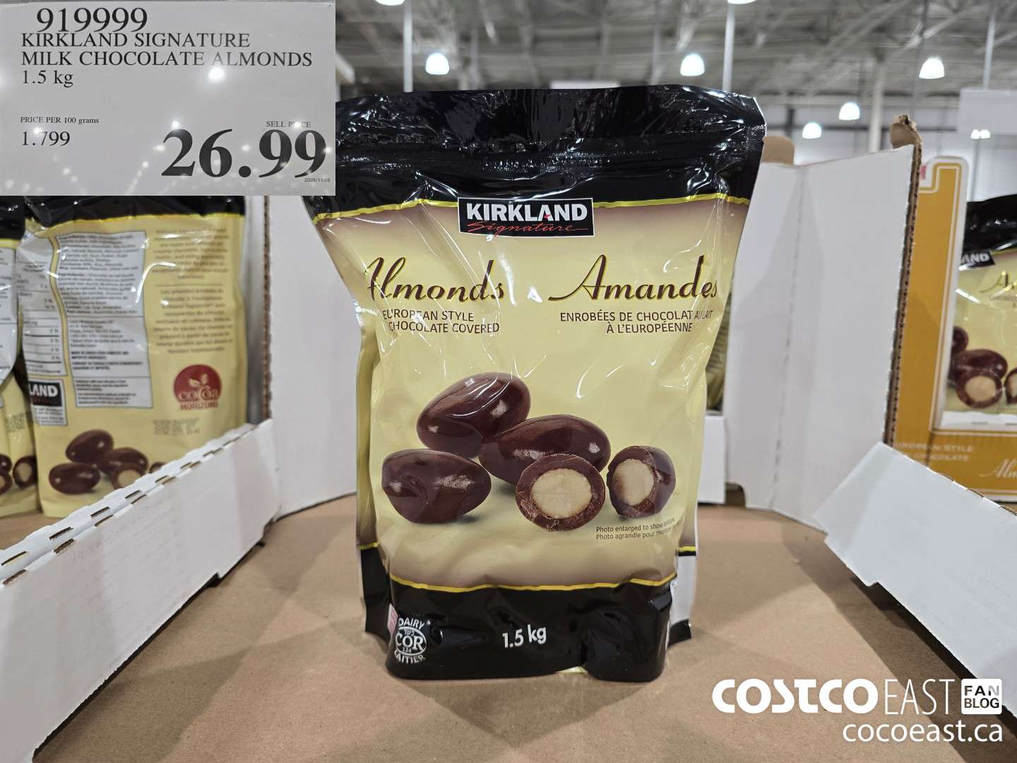 919999 KIRKLAND SIGNATURE MILK CHOCOLATE ALMONDS 1.5 KG $26.99