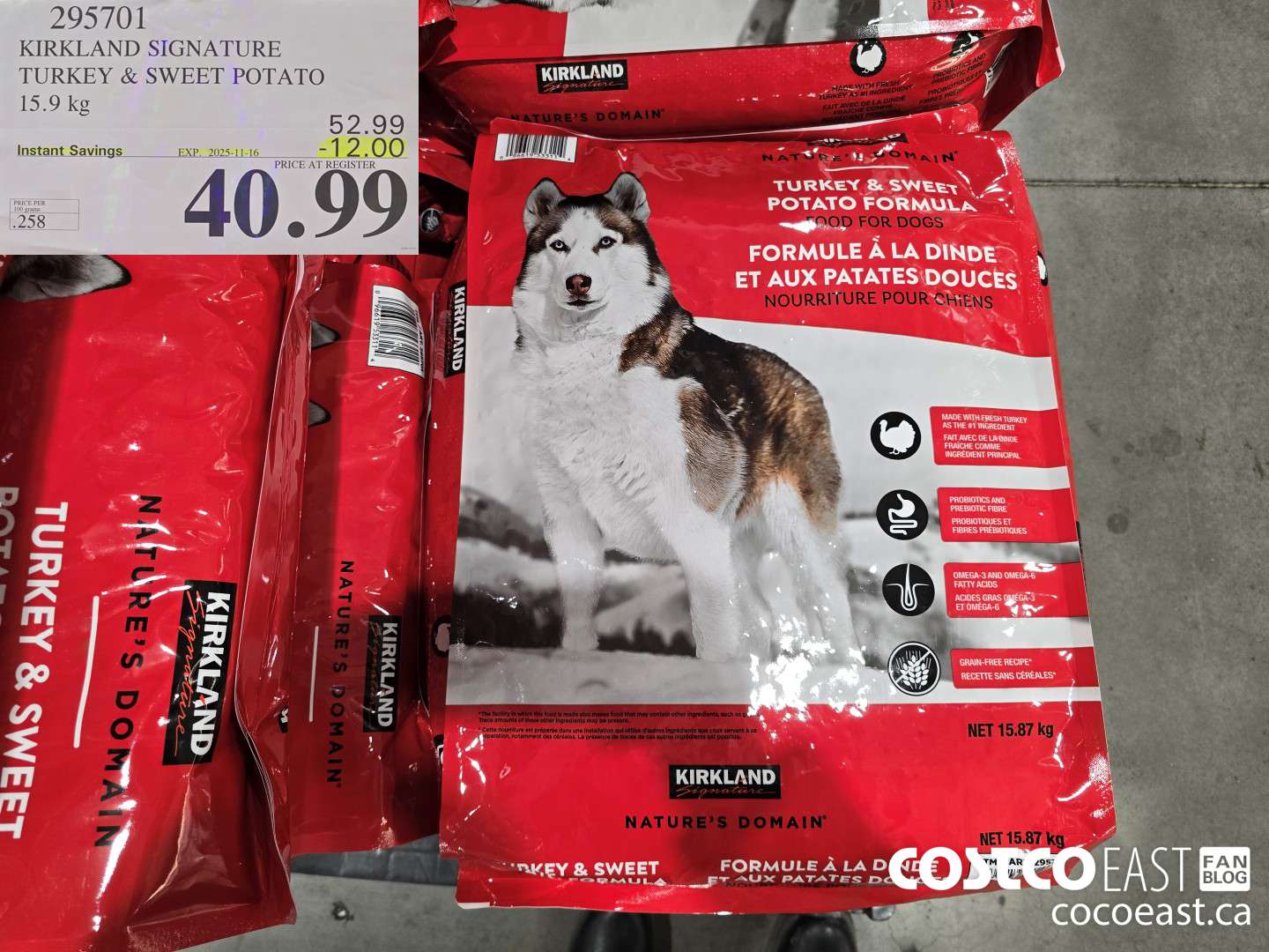 295701 KIRKLAND SIGNATURE TURKEY & SWEET POTATO 15.9 KG 2025-11-6 ($12.00 INSTANT SAVINGS) $40.99