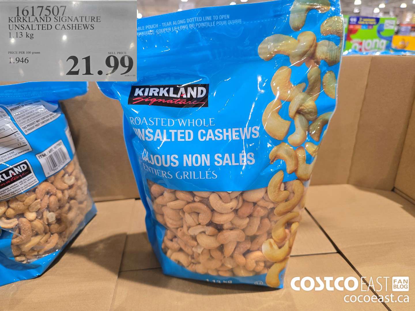 1617507 KIRKLAND SIGNATURE UNSALTED CASHEWS 1.13 KG $21.99