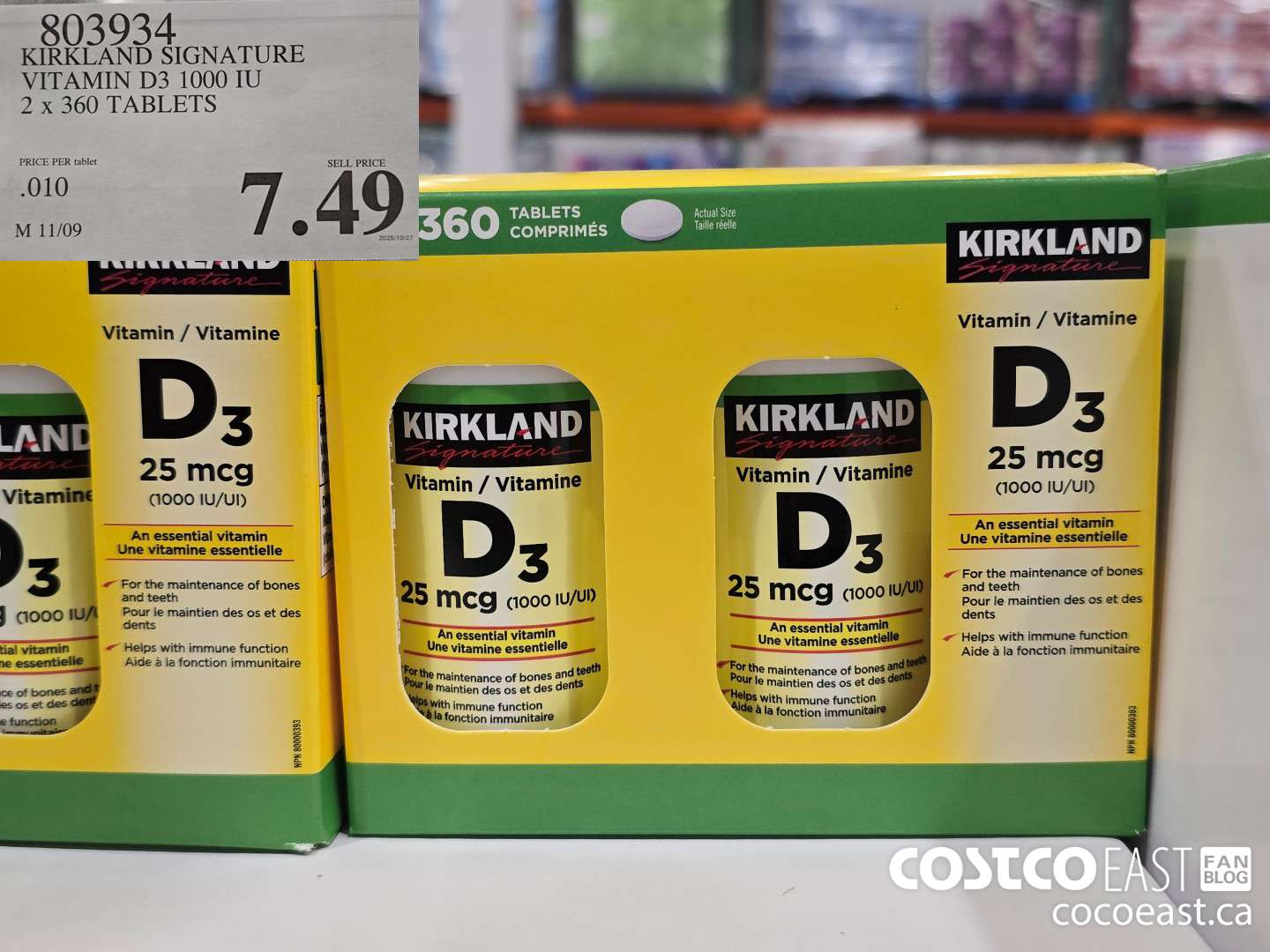 803934 KIRKLAND SIGNATURE VITAMIN D3 1000 IU 2 X 360 TABLETS $7.49