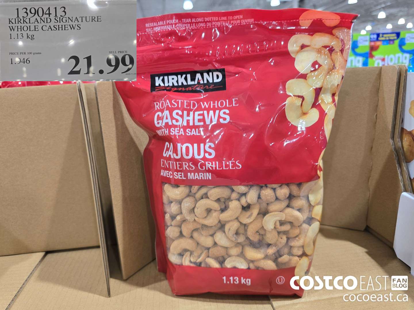 1390413 KIRKLAND SIGNATURE WHOLE CASHEWS 1.13 KG $21.99
