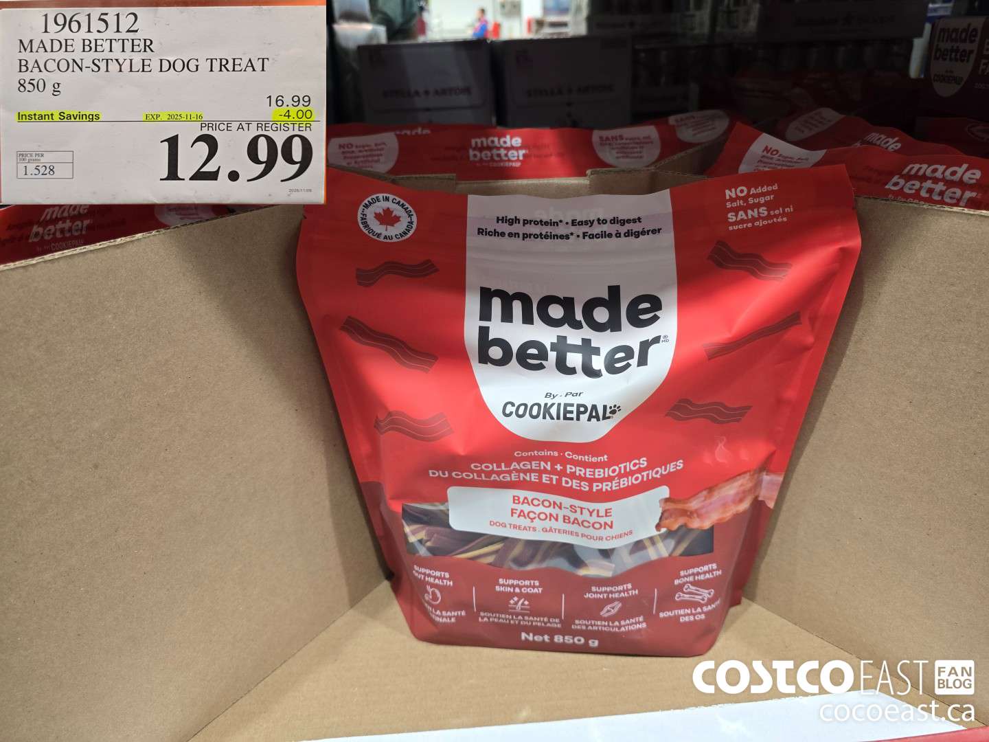 1961512 MADE BETTER BACON-STYLE DOG TREAT 850 g ($4.00 INSTANT SAVINGS EXPIRES ON 2025-11-16) $12.99
