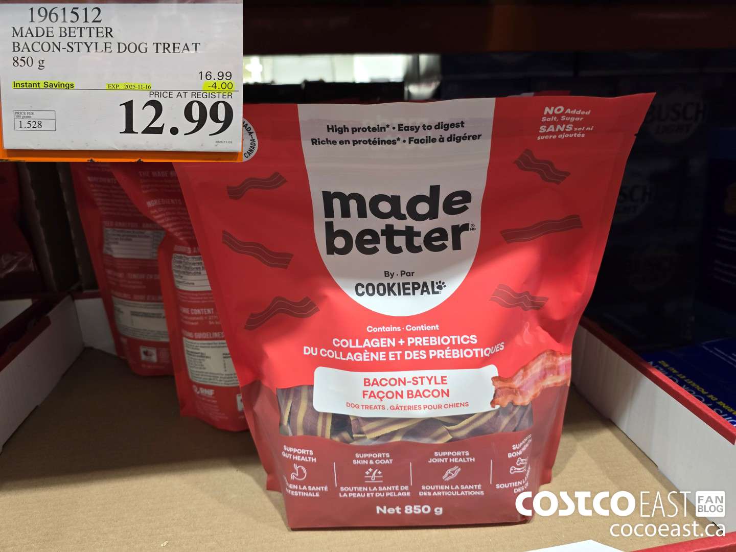 1961512 MADE BETTER BACON-STYLE DOG TREAT 850 g ($4.00 INSTANT SAVINGS EXPIRES ON 2025-11-16) $12.99