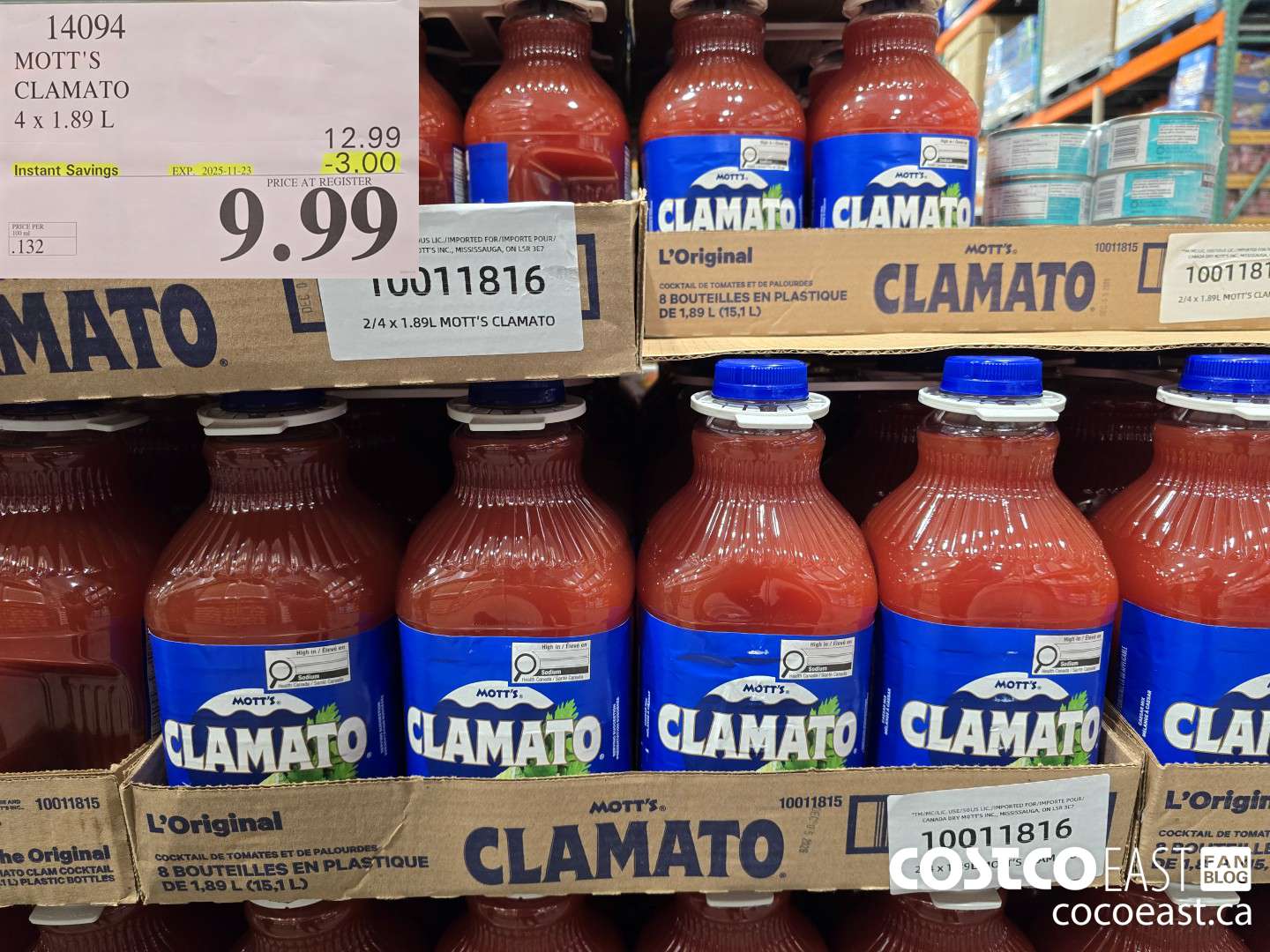 14094 MOTT'S CLAMATO 4 X 1.89 L ($3.00 INSTANT SAVINGS EXPIRES ON 2025-11-23) $9.99