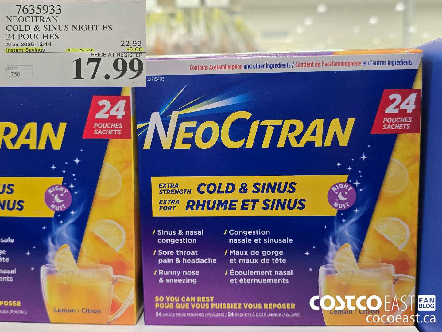 7635933 NEOCITRAN COLD & SINUS NIGHT ES 24 POUCHES ($5.00 INSTANT SAVINGS EXPIRES ON 2025-12-14) $17.99
