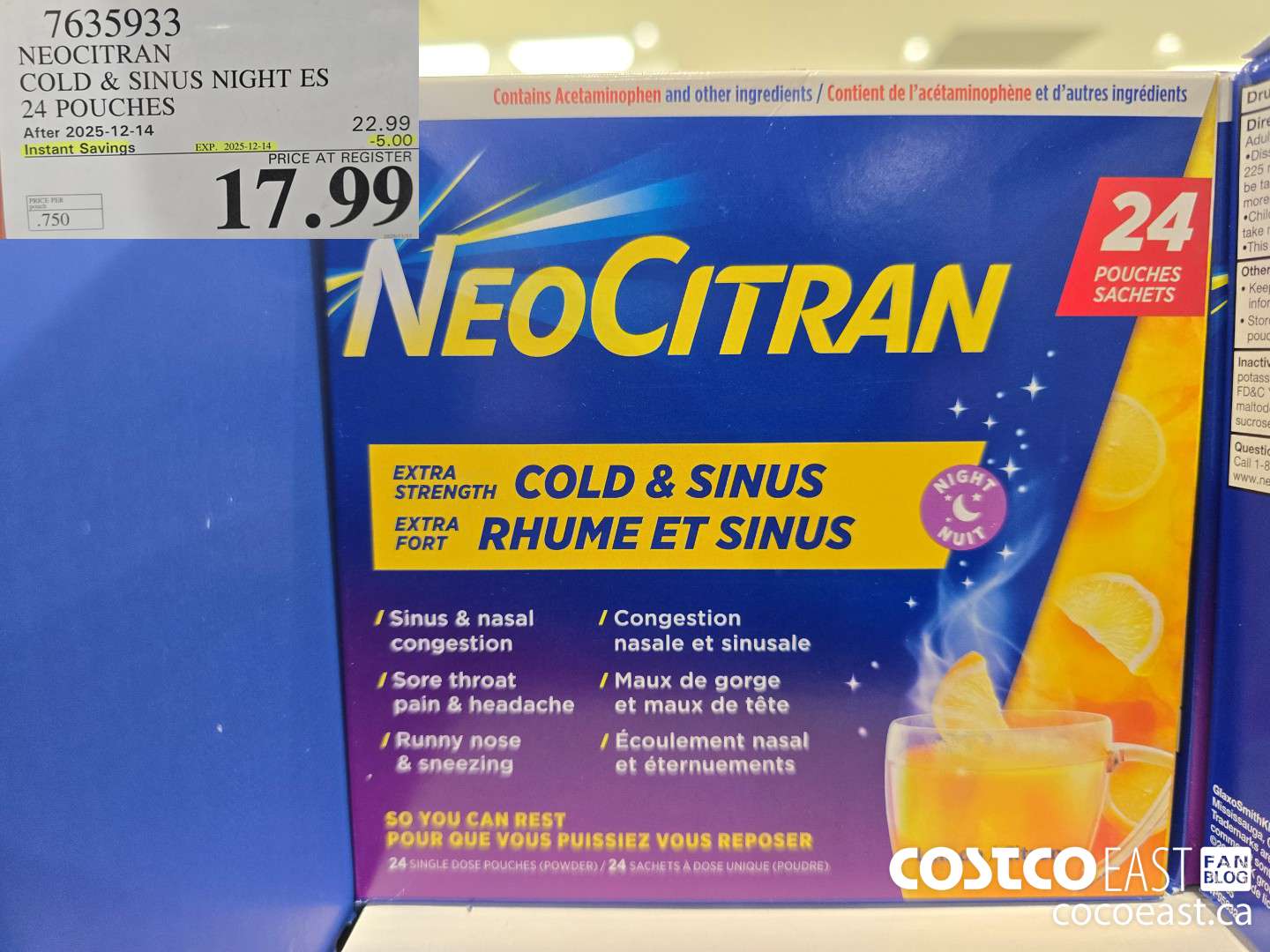 7635933 NEOCITRAN COLD & SINUS NIGHT ES 24 POUCHES ($5.00 INSTANT SAVINGS EXPIRES ON 2025-12-14) $17.99