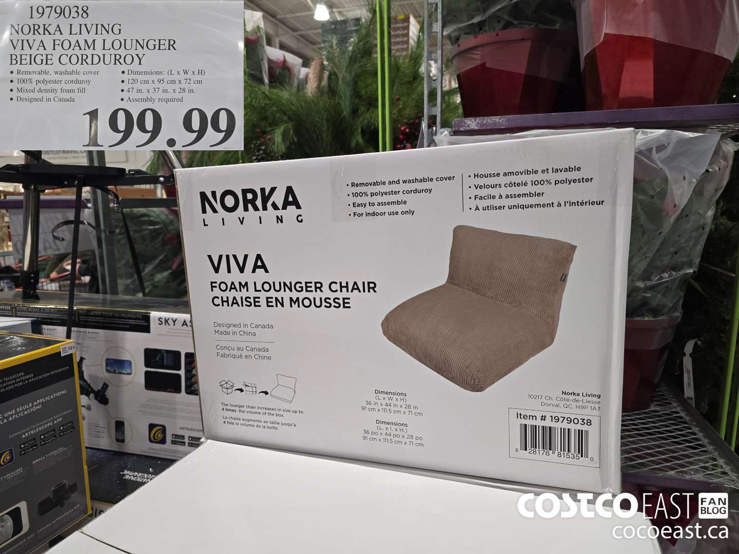 1979038 NORKA LIVING VIVA FOAM LOUNGER BEIGE CORDUROY $199.99