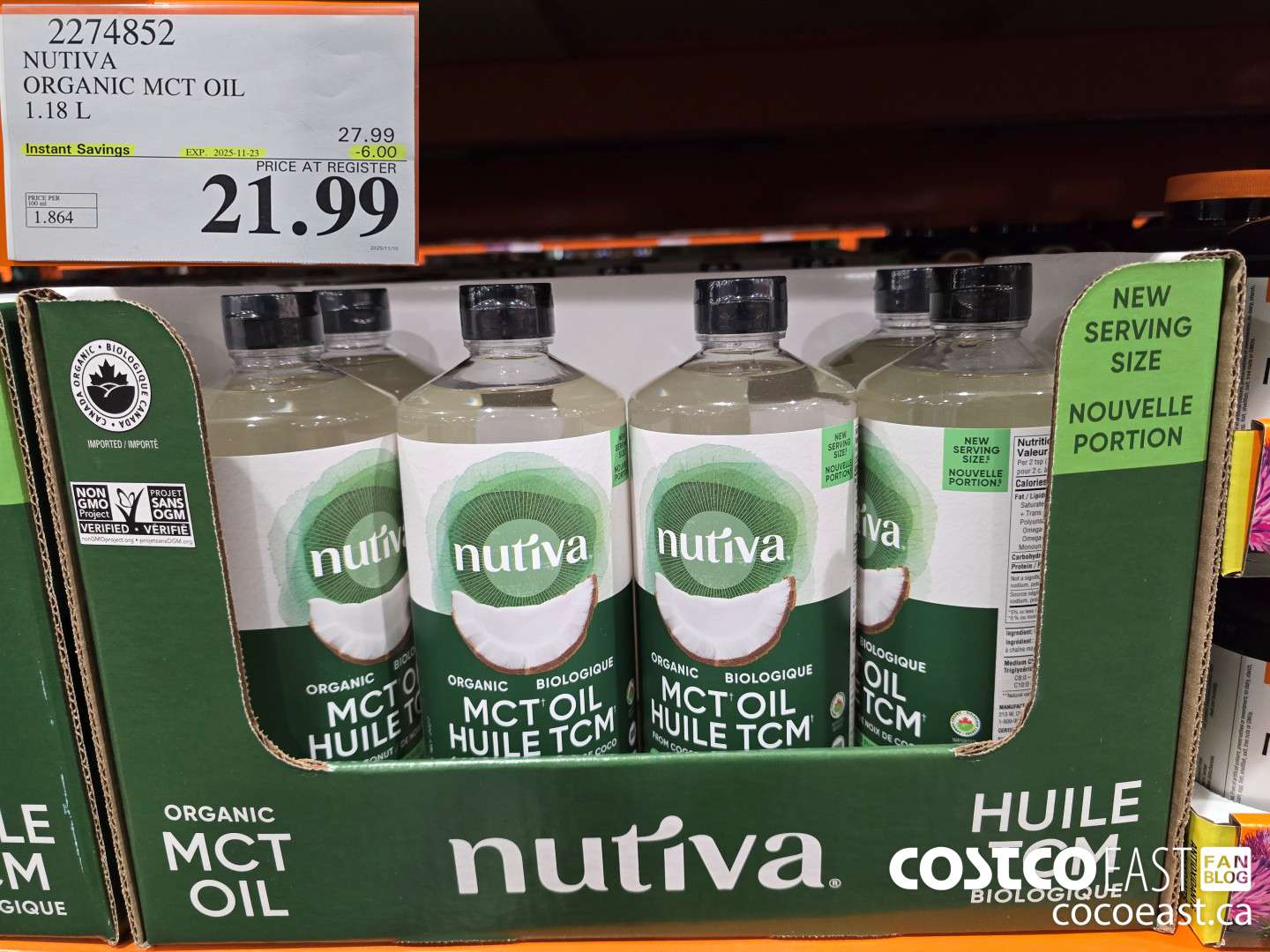 2274852 NUTIVA ORGANIC MCT OIL 1.18L ($6.00 INSTANT SAVINGS EXPIRES ON 2025-11-23) $21.99