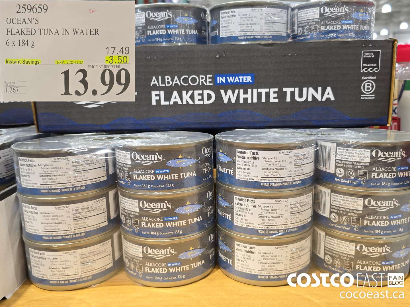 259659 OCEAN'S FLAKED TUNA IN WATER 6 x 184 G ($3.50 INSTANT SAVINGS EXPIRES ON 2025-11-23) $13.99
