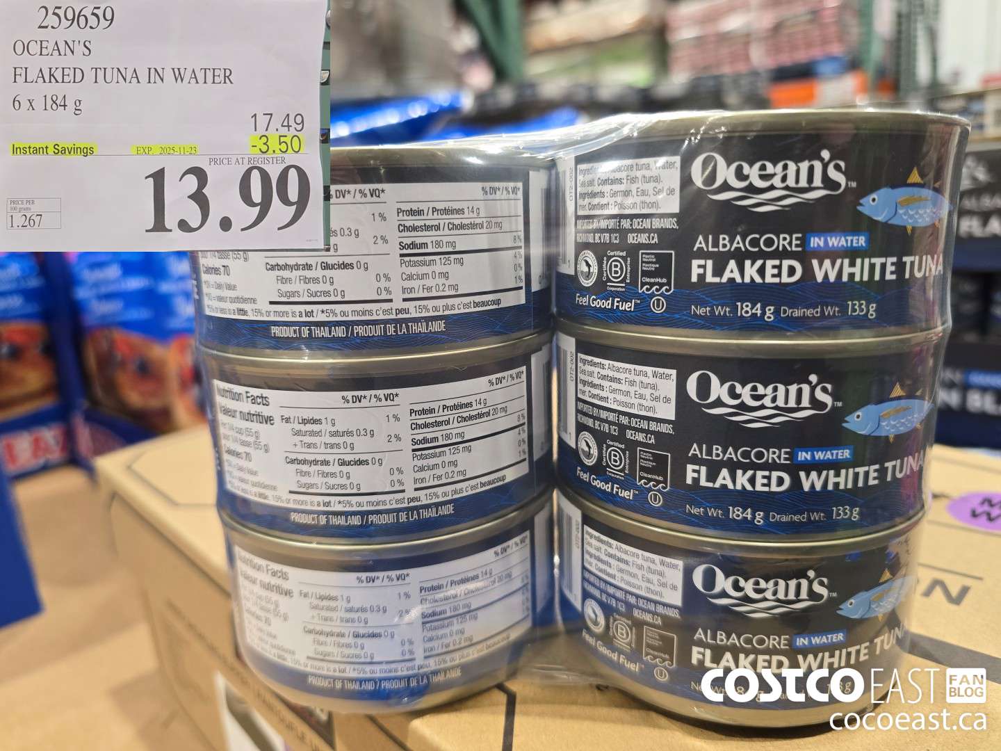 259659 OCEAN'S FLAKED TUNA IN WATER 6 x 184 G ($3.50 INSTANT SAVINGS EXPIRES ON 2025-11-23) $13.99