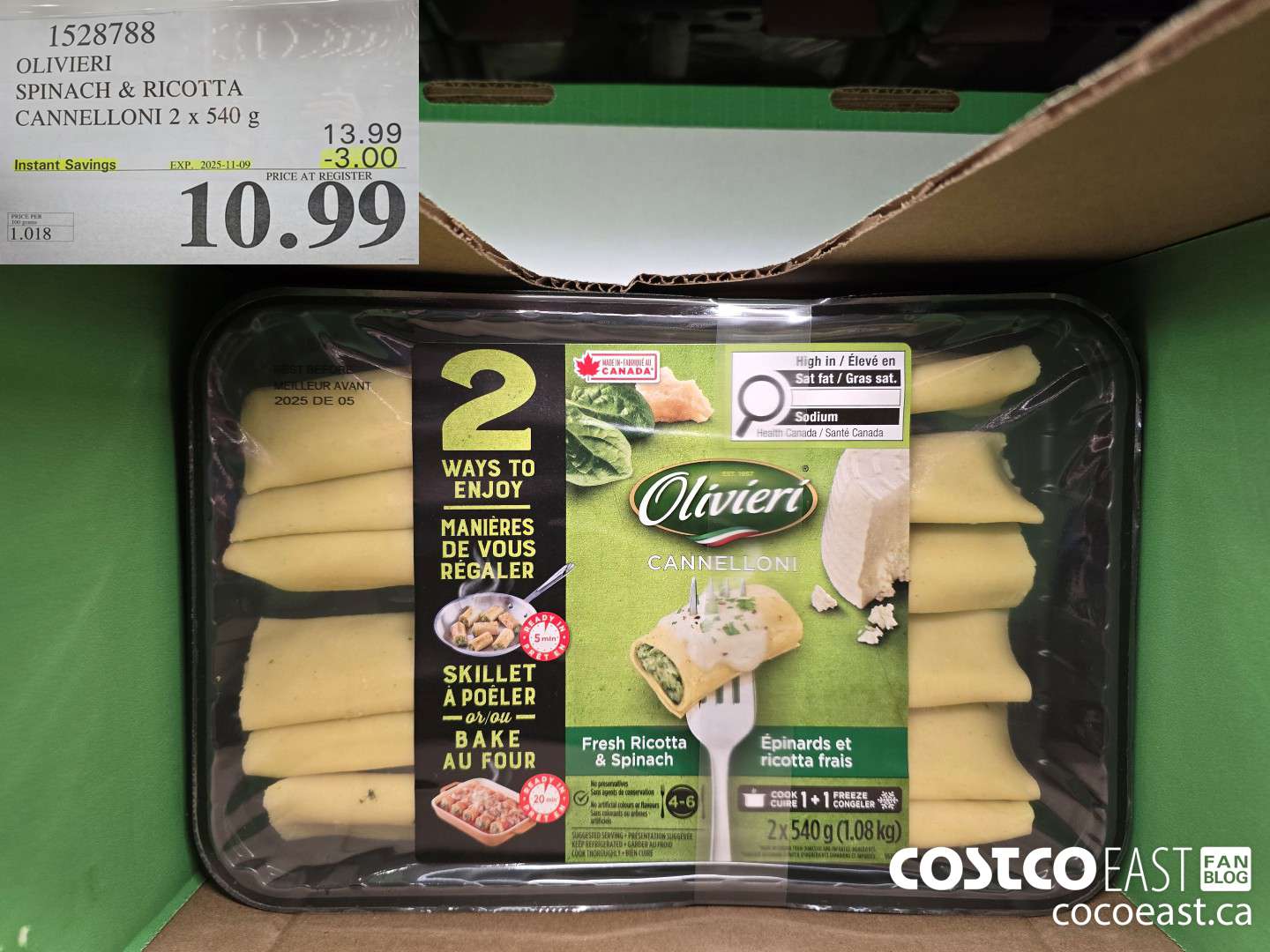 1528788 OLIVIERY SPINACH & RICOTTA CANNELLONI 2 X 540 G ($3.00 INSTANT SAVINGS EXPIRES ON 2025-11-09) $10.99