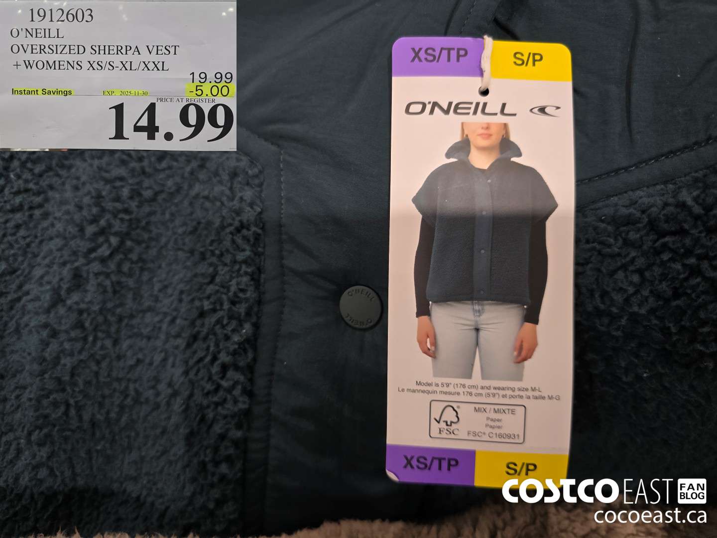 1912603 O'NEILL OVERSIZED SHERPA VEST +WOMENS XS/S-XL/XXL ($5.00 INSTANT SAVINGS EXPIRES ON 2025-11-30) $14.99