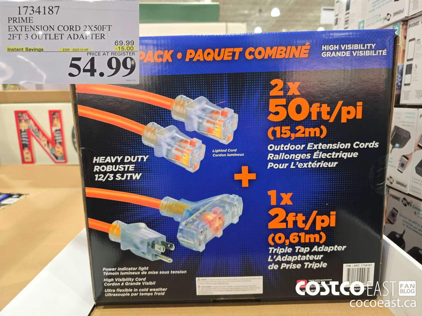 1734187 PRIME EXTENSION CORD 2X50FT 2FT 3 OUTLET ADAPTER ($15.00 INSTANT SAVINGS EXPIRES ON 2025-11-09) $54.99