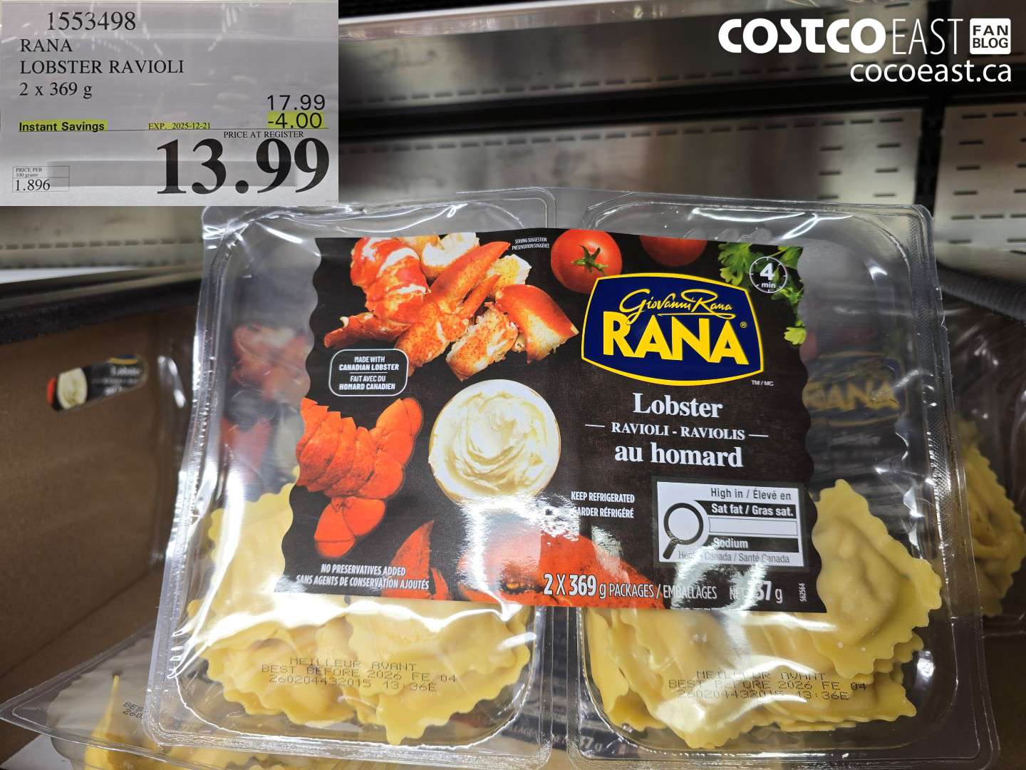 1553498 RANA LOBSTER RAVIOLI 2 x 369 g ($4.00 INSTANT SAVINGS EXPIRES ON 2025-12-21) $13.99