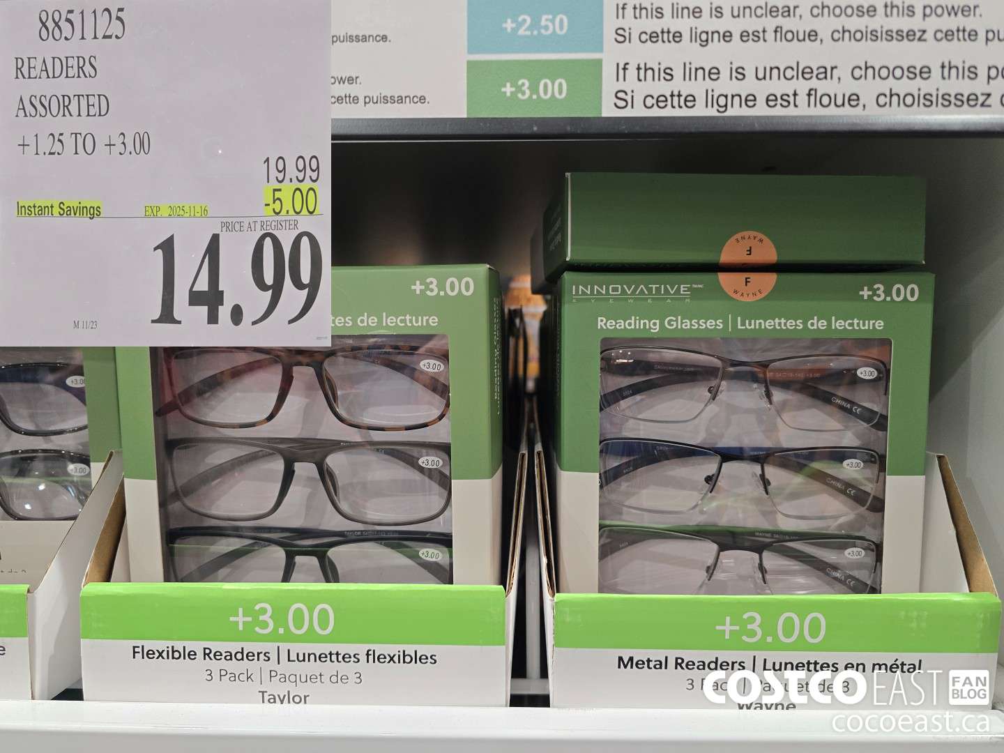 8851125 READERS ASSORTED STYLES +1.25 TO +3.00 ($5.00 INSTANT SAVINGS EXPIRES ON 2025-11-16) $14.99