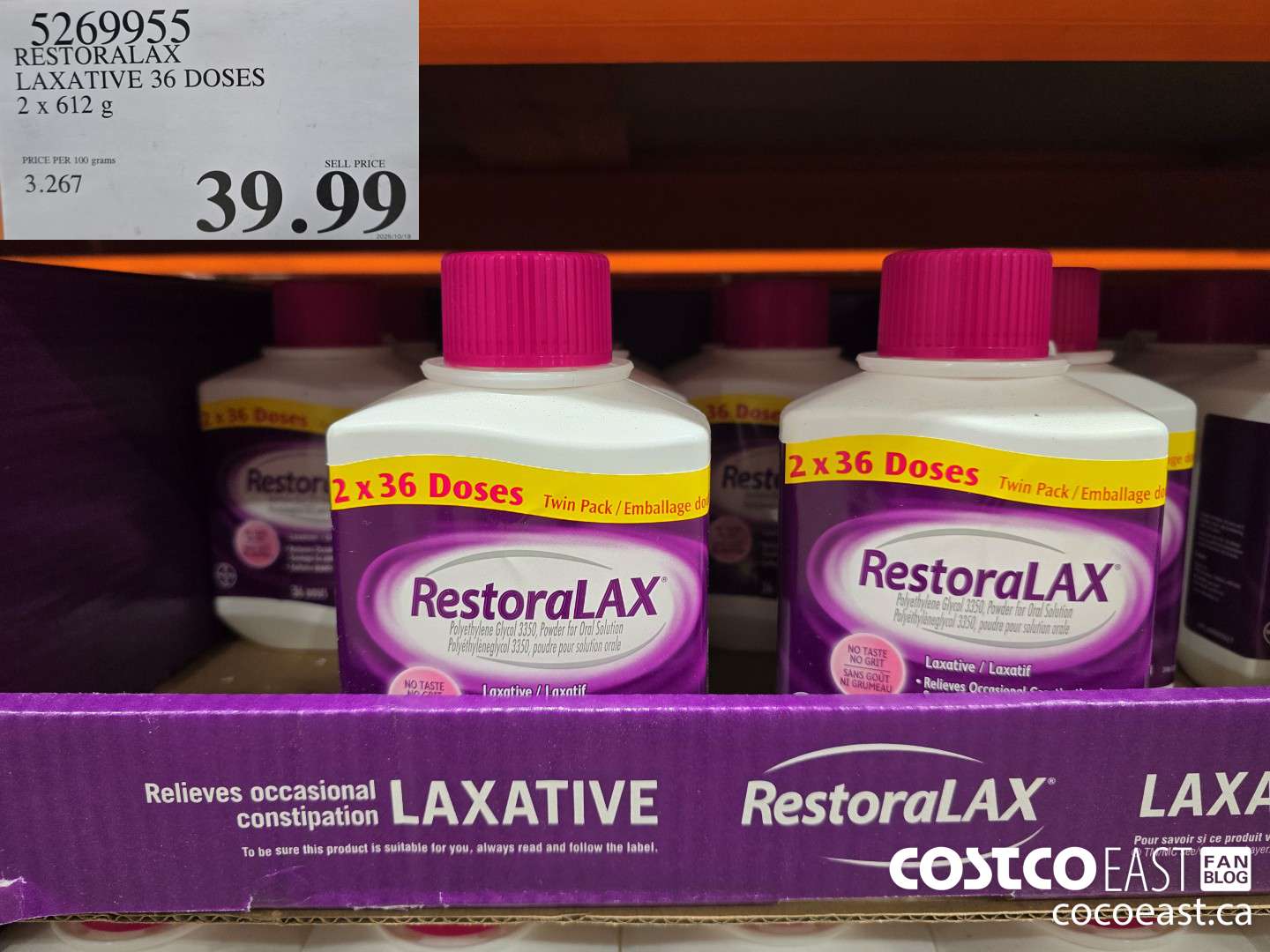 526995 RESTORALAX LAXATIVE 36 DOSES 2 X 612 G $39.99