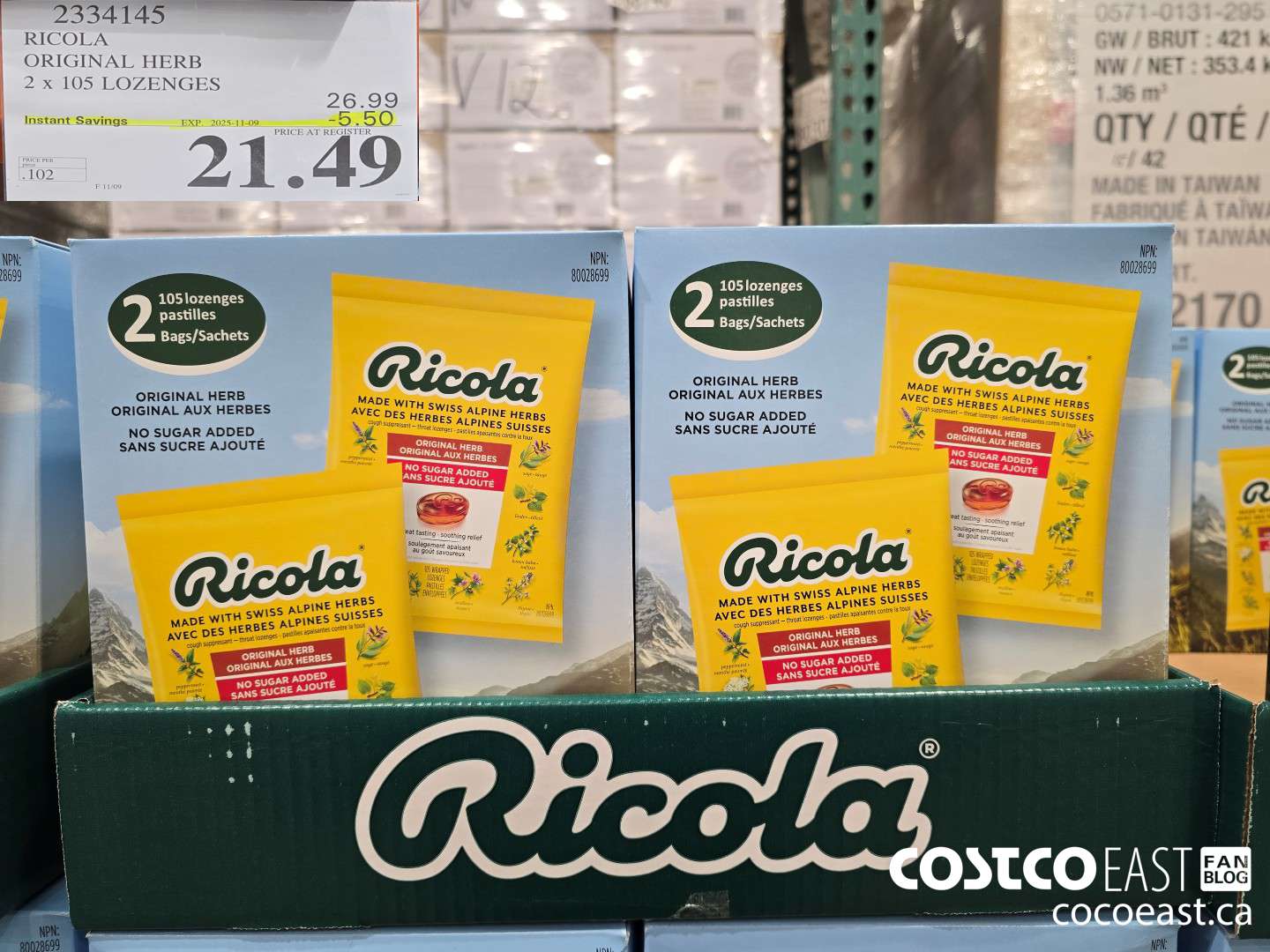 2334145 RICOLA ORIGINAL HERB 2 X 105 LOZENGES ($5.50 INSTANT SAVINGS EXPIRES ON 2025-11-09) $21.49