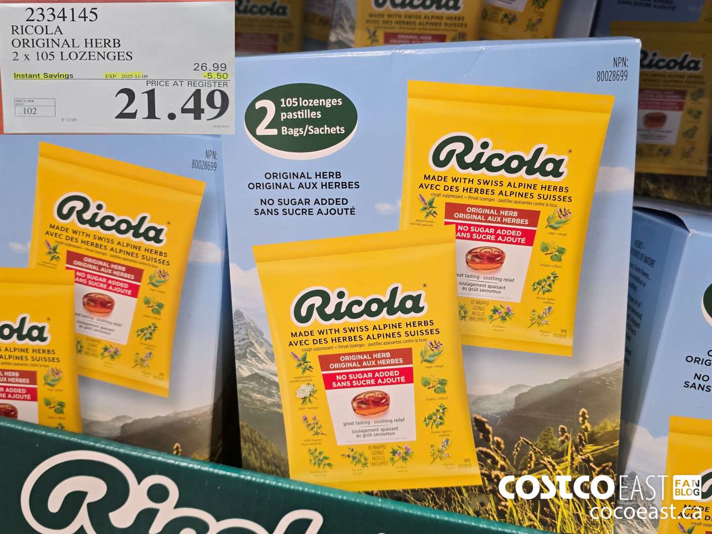 2334145 RICOLA ORIGINAL HERB 2 X 105 LOZENGES ($5.50 INSTANT SAVINGS EXPIRES ON 2025-11-09) $21.49