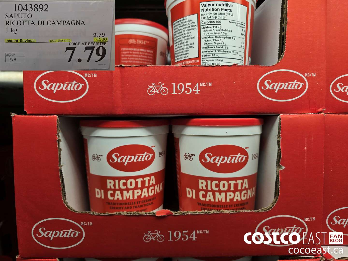 1043892 SAPUTO RICOTTA DI CAMPAGNA 1 KG ($2.00 INSTANT SAVINGS EXPIRES ON 2025-11-16) $7.79