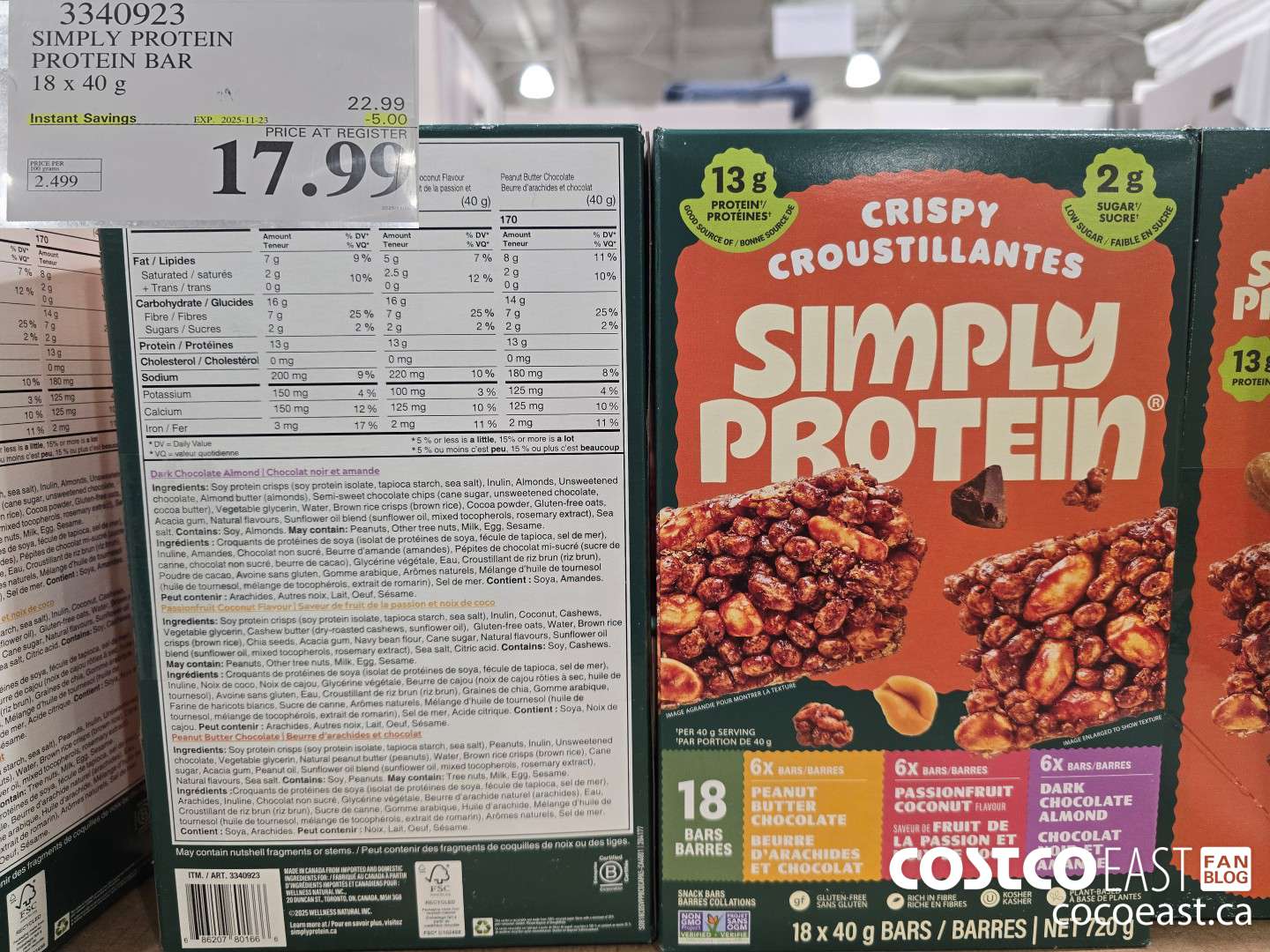 3340923 SIMPLY PROTEIN PROTEIN BAR 18 x 40 g ($5.00 INSTANT SAVINGS EXPIRES ON 2025-11-23) $17.99