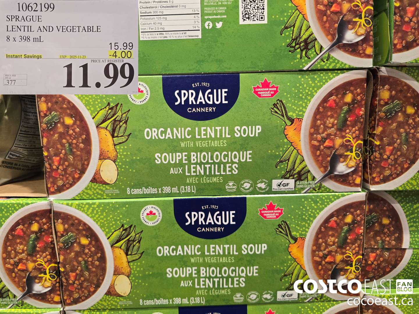 1062199 SPRAGUE LENTIL AND VEGETABLE 8 X 398 ML ($4.00 INSTANT SAVINGS EXPIRES ON 2025-11-23) $11.99