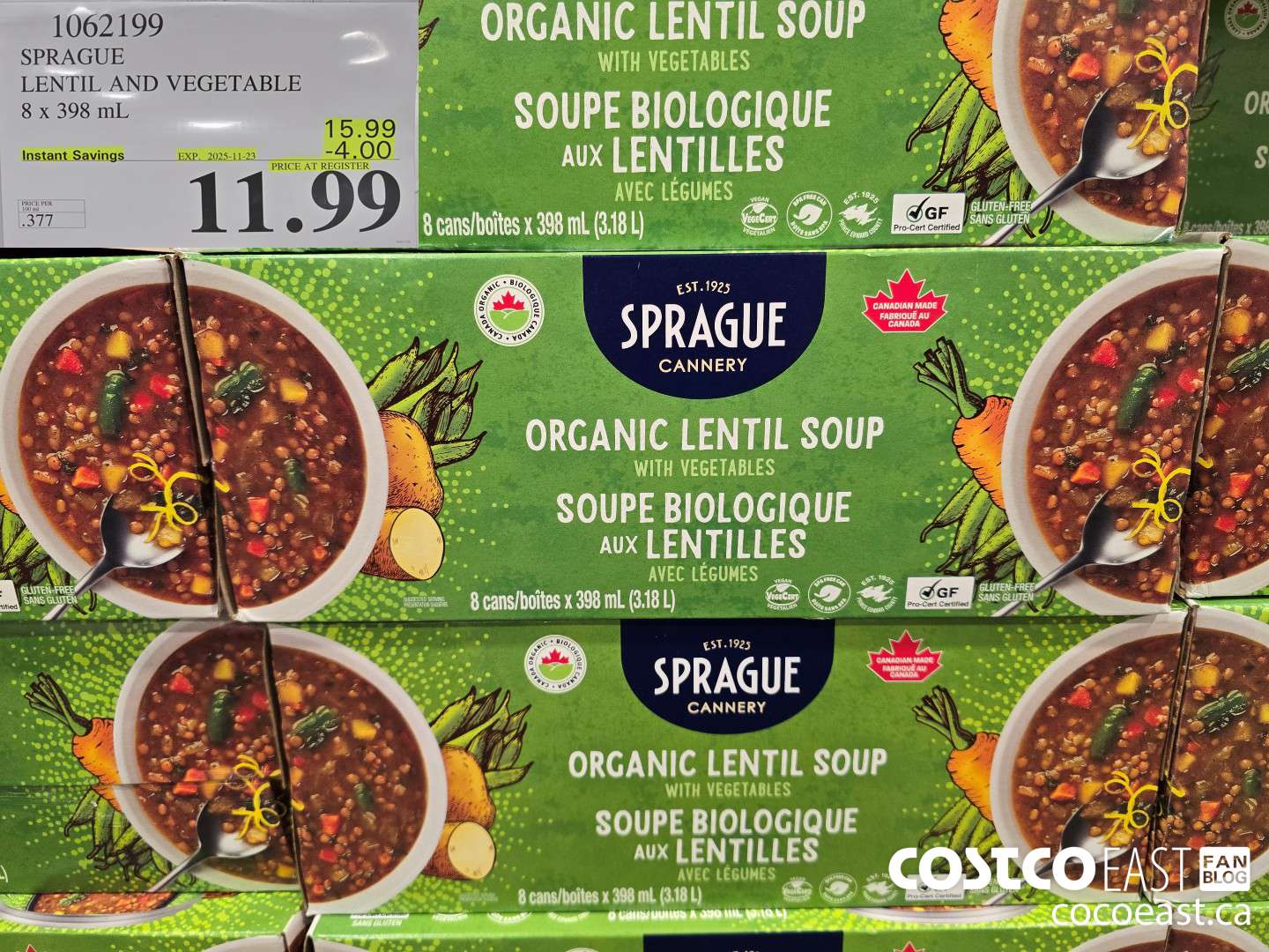 1062199 SPRAGUE LENTIL AND VEGETABLE SOUP 8 X 398 ML ($4.00 INSTANT SAVINGS EXPIRES ON 2025-11-23) $11.99