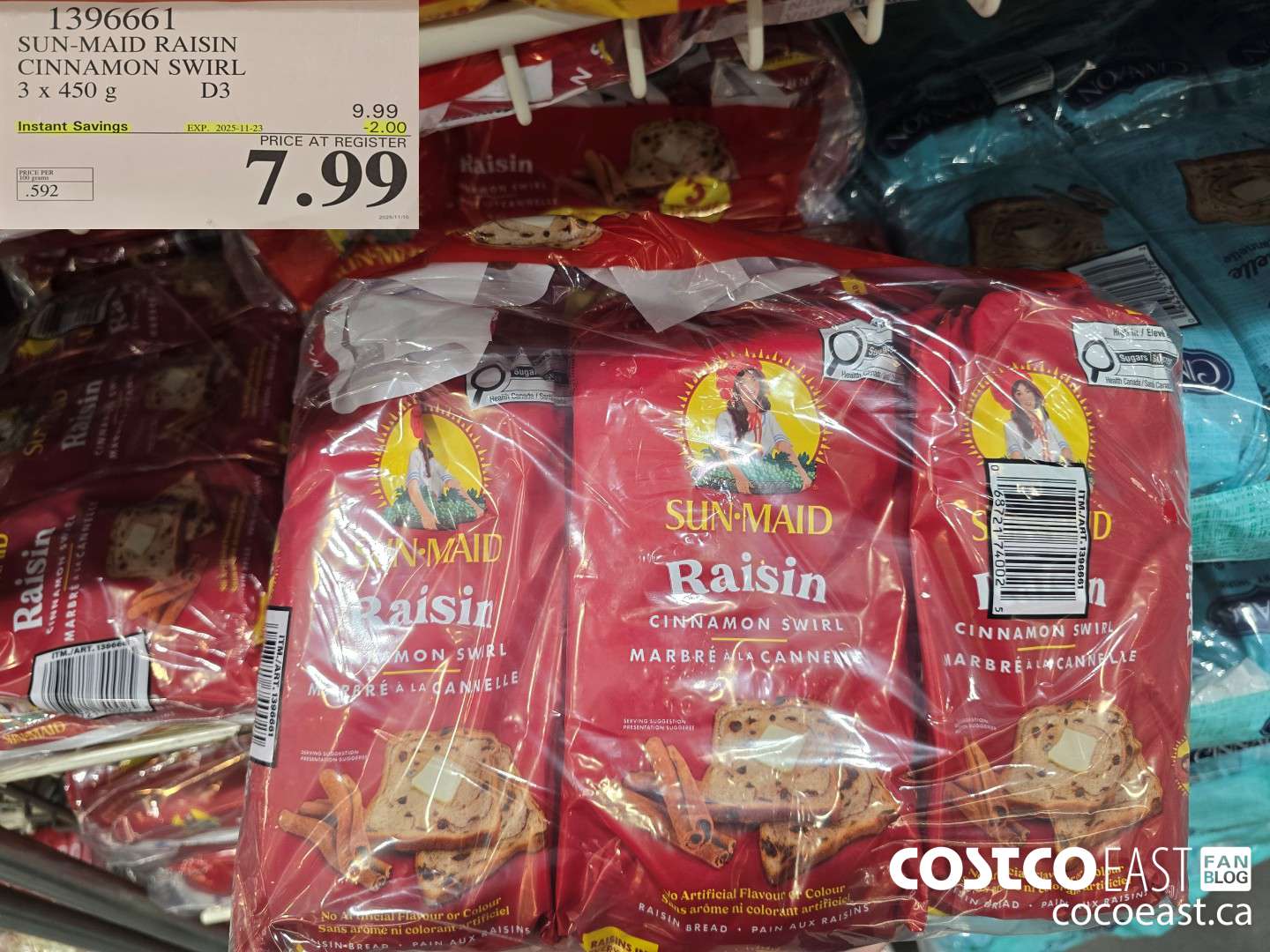 1396661 SUN-MAID RAISIN CINNAMON SWIRL 3 x 450 g ($2.00 INSTANT SAVINGS EXPIRES ON 2025-11-23) $7.99