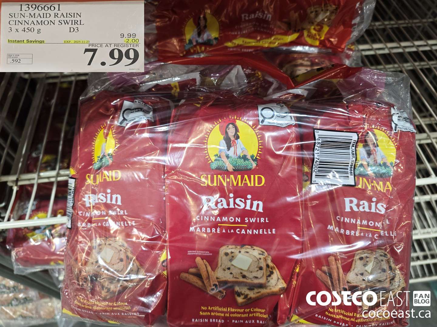 1396661 SUN-MAID RAISIN CINNAMON SWIRL 3 x 450 g ($2.00 INSTANT SAVINGS EXPIRES ON 2025-11-23) $7.99